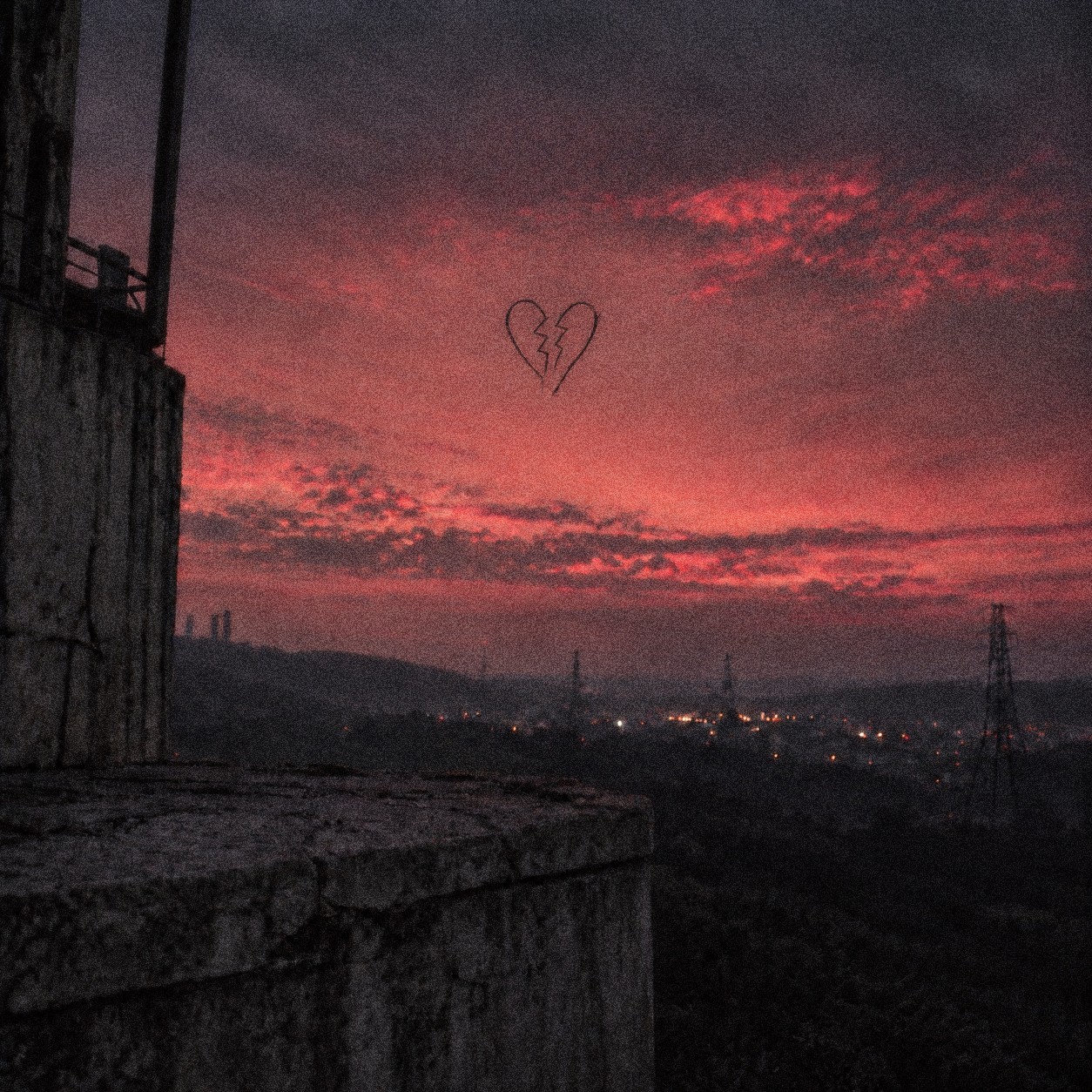 Official cover of “Fragments </3” by Carla Ros: a broken heart drawn over a red sunset sky, with pylons and city lights · PLAYNOW