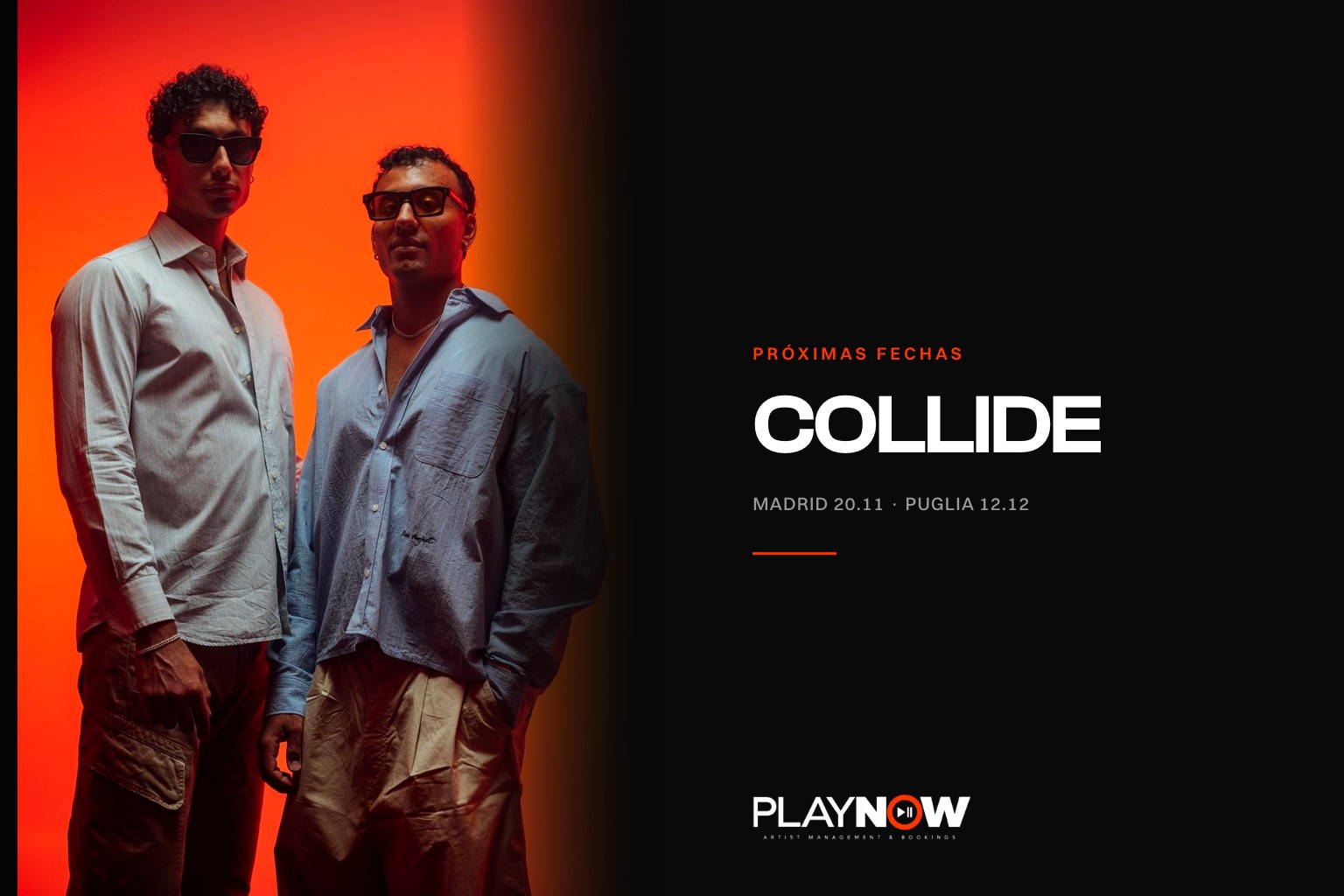 COLLISION, Davide y Luca Lomaglio, de pie ante un fondo naranja, para el anuncio de las fechas de Collide · PLAYNOW