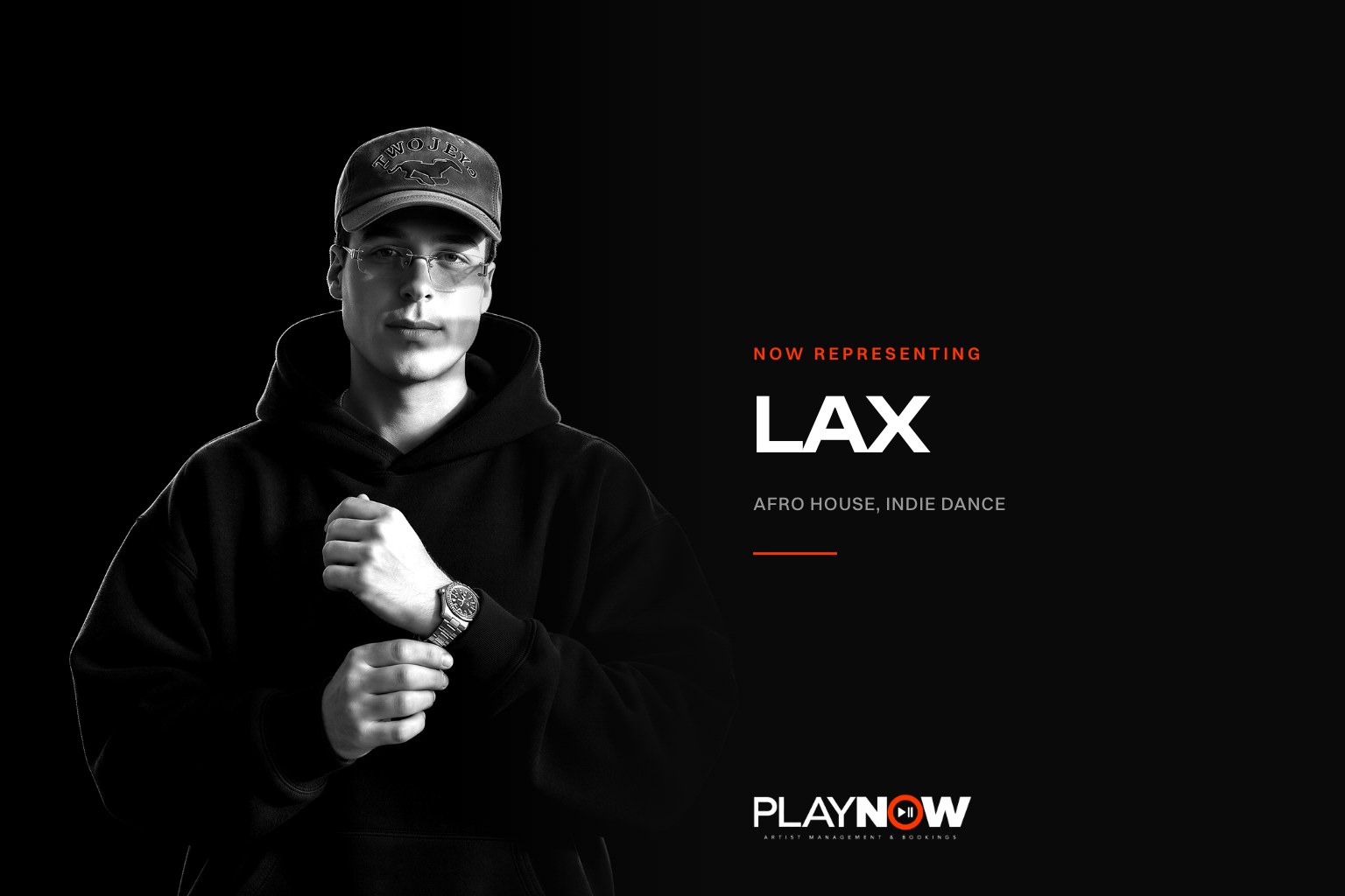 LAX, afro house and indie dance DJ and producer, black and white portrait for PLAYNOW