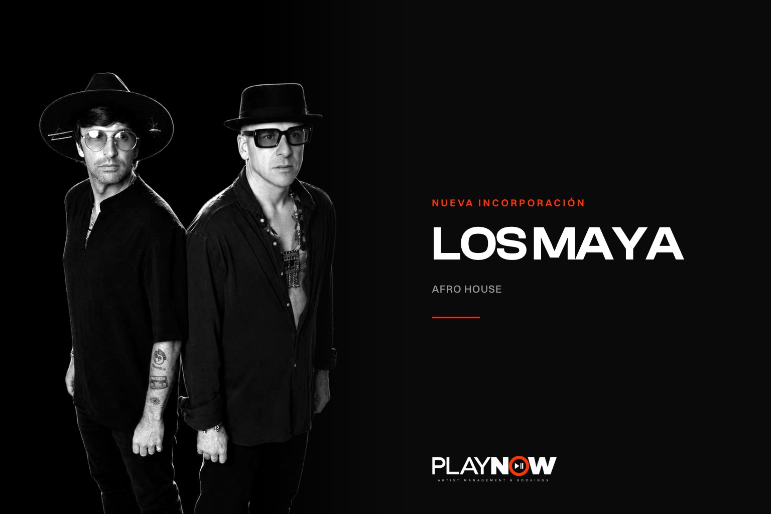 Los Maya, dúo madrileño de afro house formado por Carlos Sanfulgencio y KPD, retrato en blanco y negro para PLAYNOW